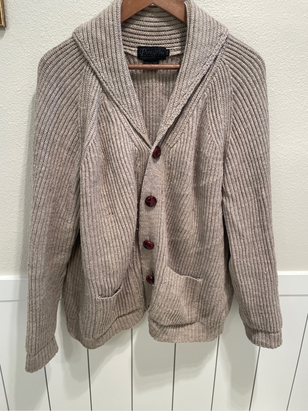 Shawl Collar Ribbed Knit Library Sweater - Taupe with Brown Suede Elbow Patches